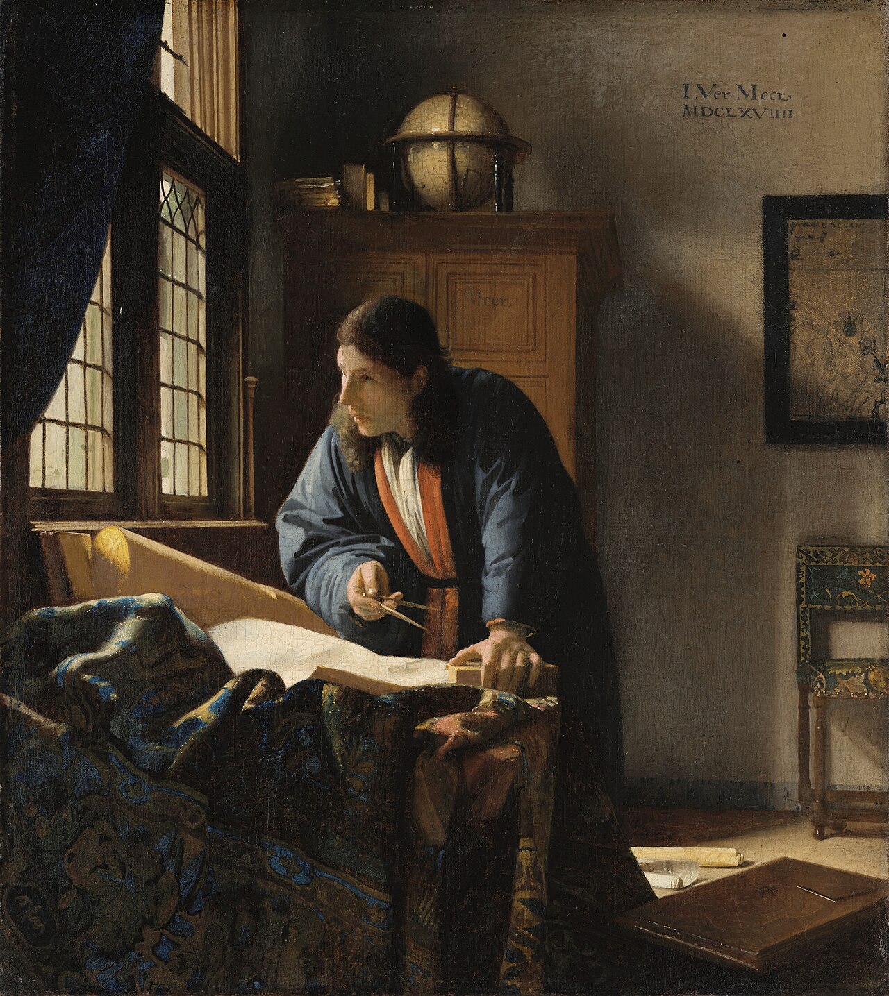 Vermeer's The Geographer holding measuring instruments
