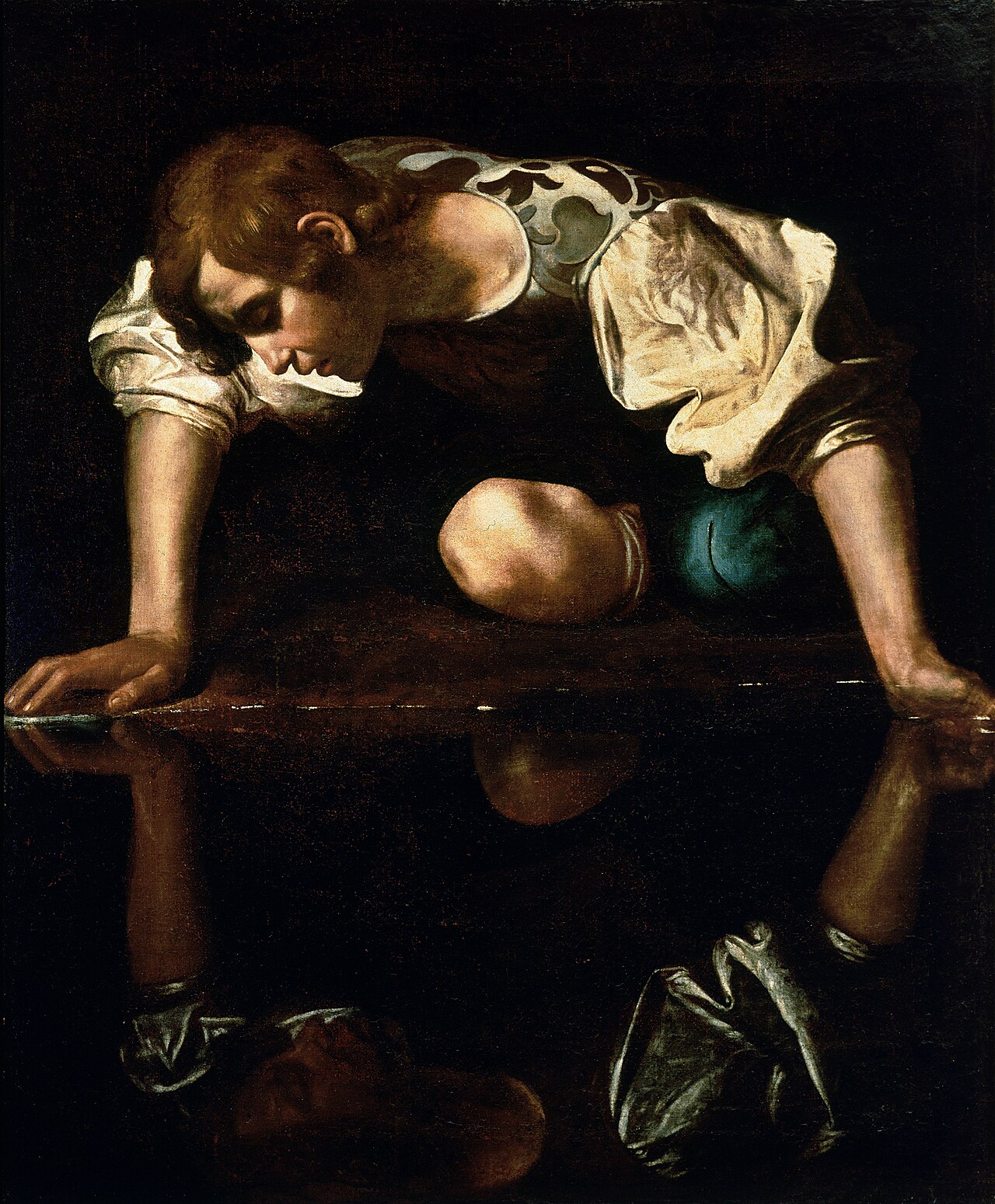 Caravaggio's Narcissus gazing at his identical reflection in the water