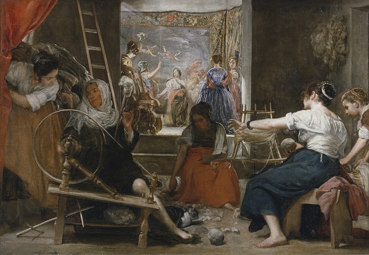Velazquez's The Spinners, figures weaving thread into fabric